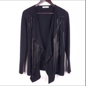 Zara Black Leather Fringe Open Knit Cardigan